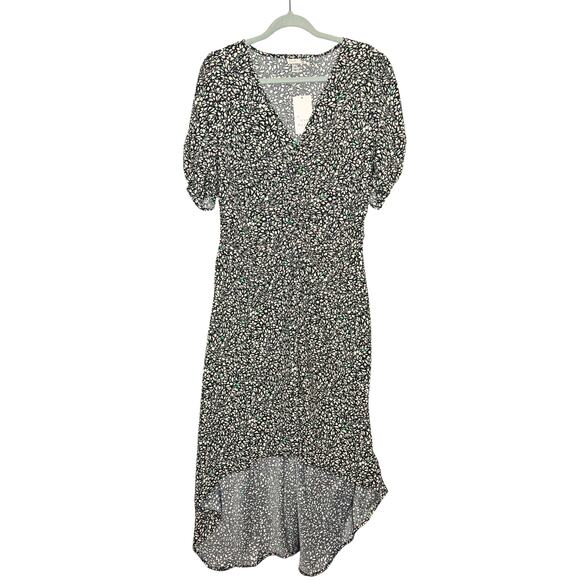 A New Day Floral Short Puff Sleeve Crepe Midi Dress Size XL Black Off-White New - Picture 2 of 9